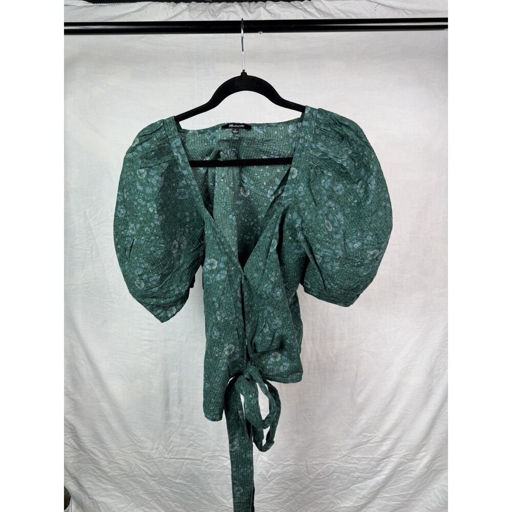 Madewell Womens Small Green Floral Wrap Top Puff Sleeve Tie Waist Cottagecore